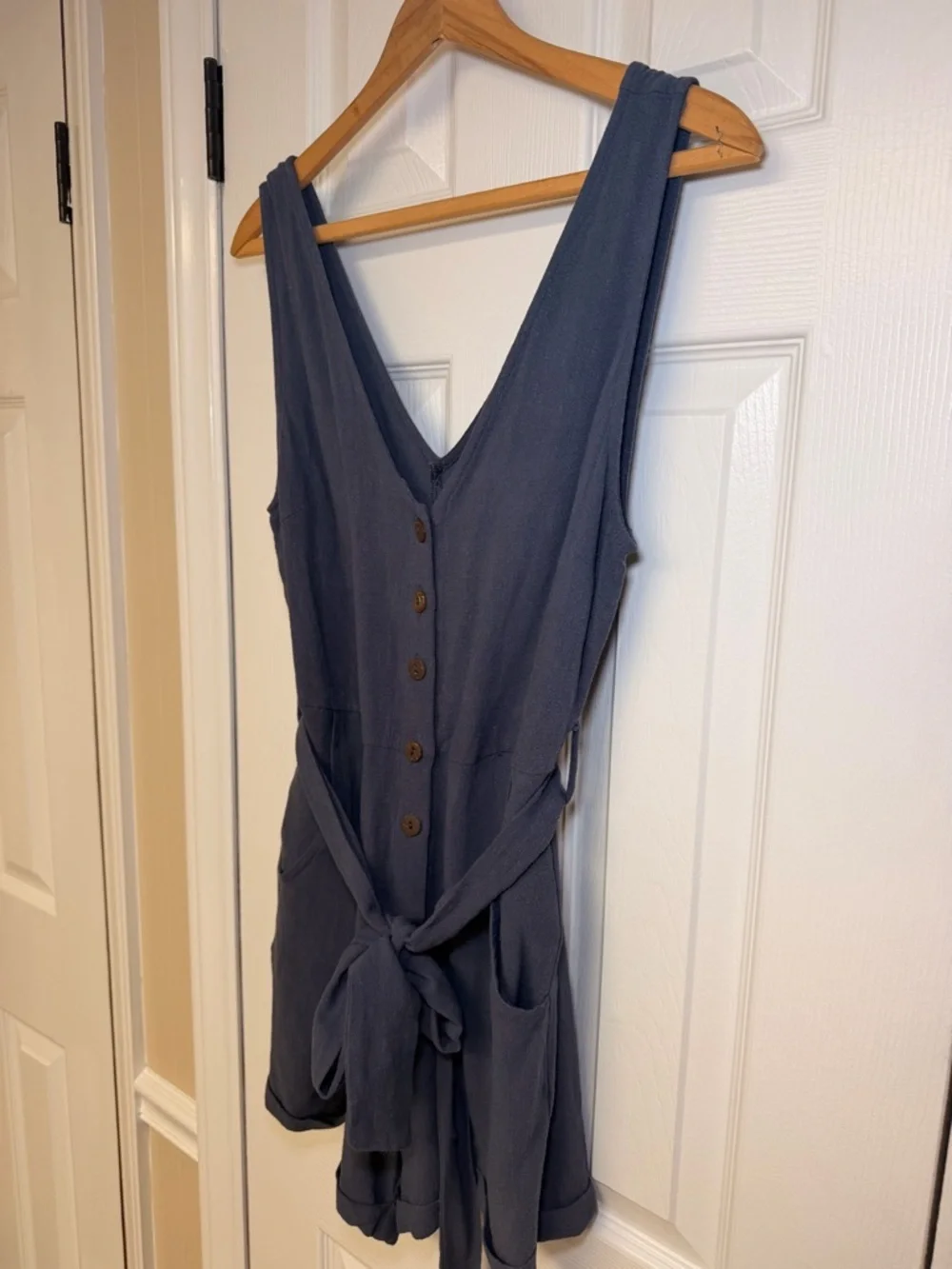 VICI Linen Blend Romper Blue Button Front Tie Waist Pocketed Boho Summer Small - Picture 7 of 11